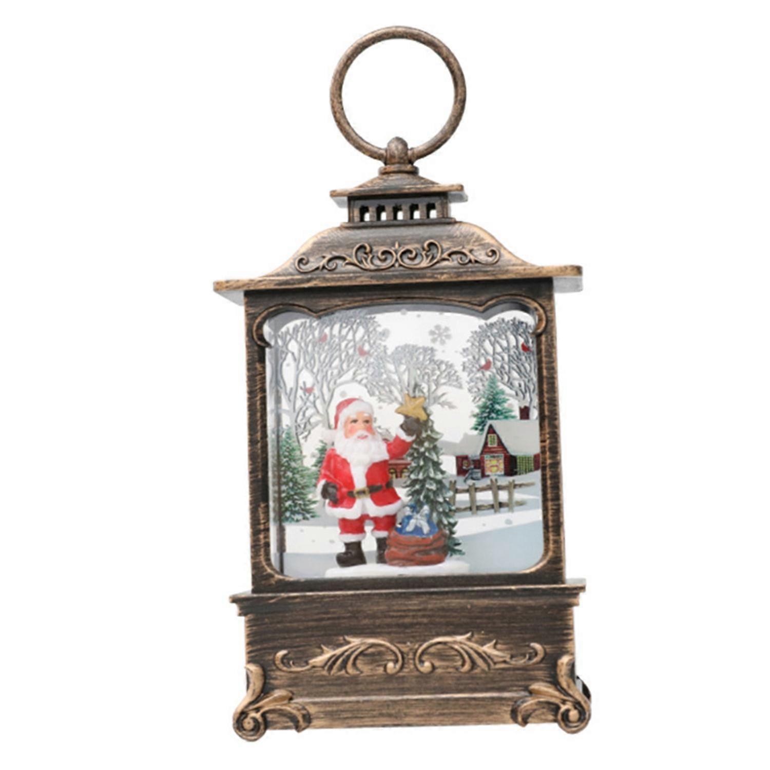 Christmas Lantern Ornament with Retro Frame & Built-in Santa Tree Snowman Elk Statue Battery