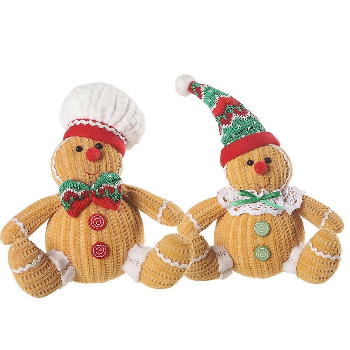 2PCS Christmas Gingerbread Man Doll Gingerbread Figures with Chef Hat Bowknot Christmas Ornament Doll Table Tree