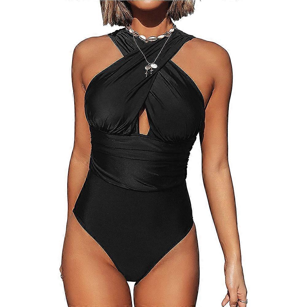 Vrouwen eendelig badpak Ruched Cross Over Solid Beach Badmode Badpakken
