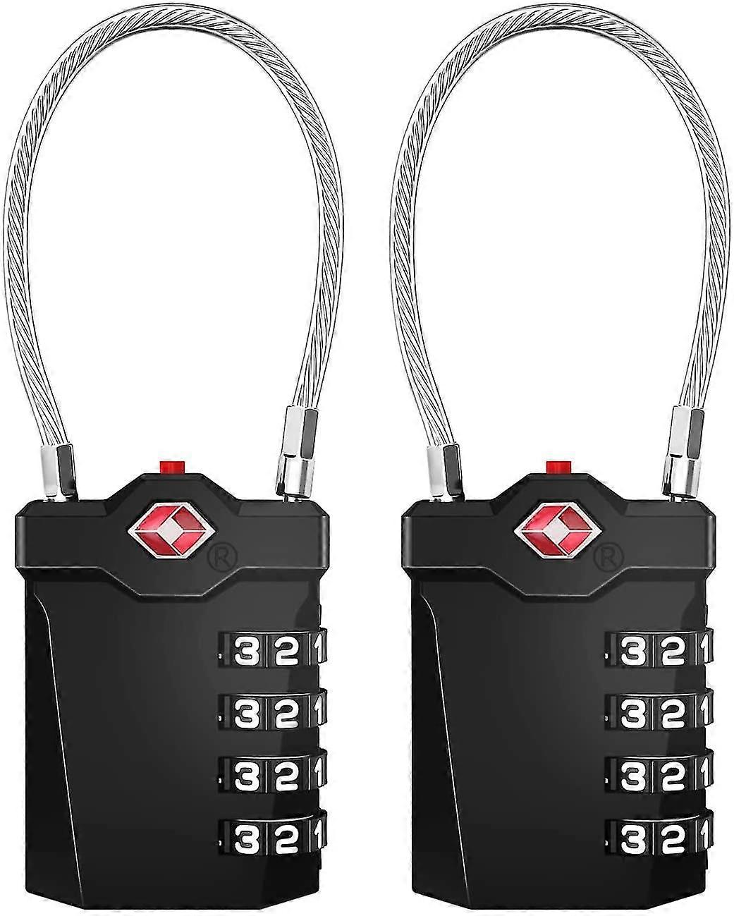 スーツケース南京錠、TSA 4桁コンビネーション荷物ロック、オープニングアラーム付き、ジムケーブルロッカー南京錠(2個、ブラック)
