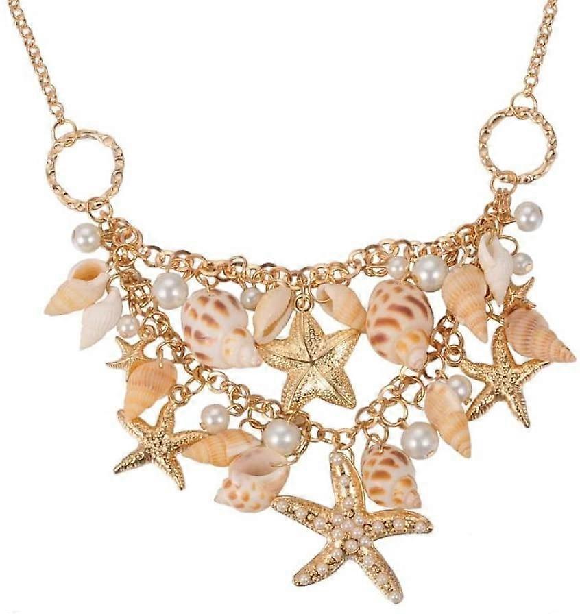 Mermaid Shell Necklace Trendy Natural Shell Bib Beach Necklaces Starfish Conch Pendants with Iron Chains and Brass Lobster Claw Clasps Mermaid Costume