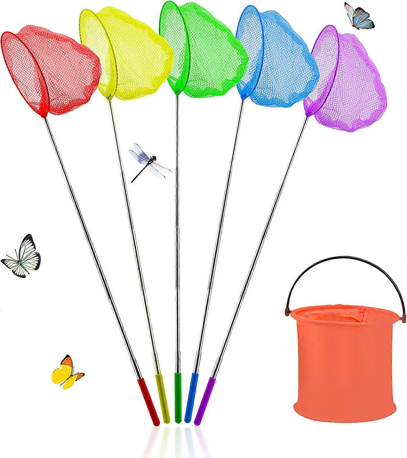 Fishing Nets for Kids and Foldable Bucket Set Colorful Telescopic Butterfly Net Extendable Fishing Nets for Beach (Form 37 to 85cm) Catching Insects C
