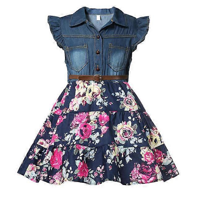JWL-Summer Girls Denim Floral Dress Baby Kids Fashion Outfit Party