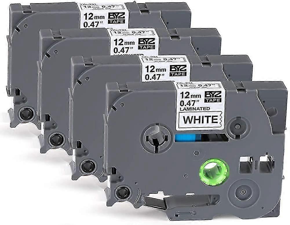 4 × شريط التسمية كاسيت أسود على شريط أبيض تسمية 12mm X 8m، متوافق مع شقيق
