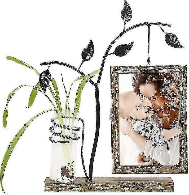 Wooden Photo Frame 6x4 With Vase And Metal Tree Rustic Family Picture Frames Double Sided Unique Ornament Family Mothers Day Gifts