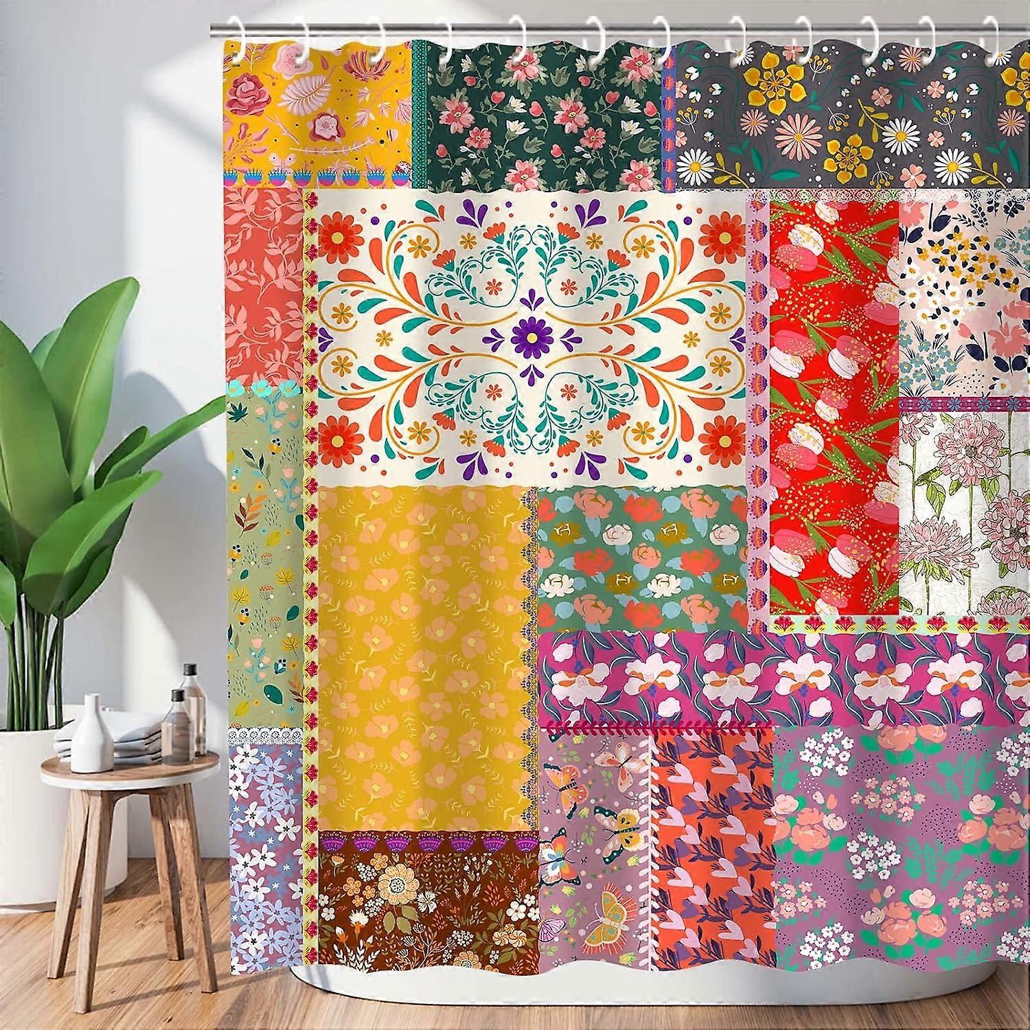 84インチ長い自由奔放に生きるシャワーカーテンセットステッチ花のシャワーカーテン72W x 84H背の高いシャワーカーテン12フック防水バスタブアクセサリーバス