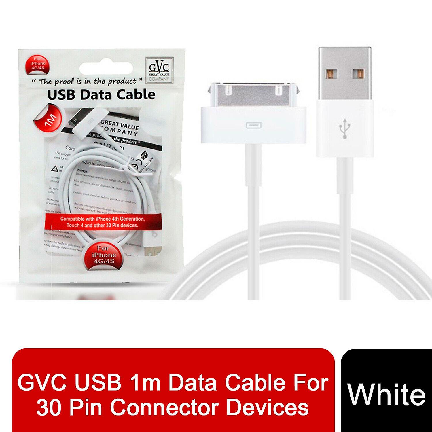 GVC USB To 30 Pin Connector Data Cable For Syncing & Charging, 1 Metre - White