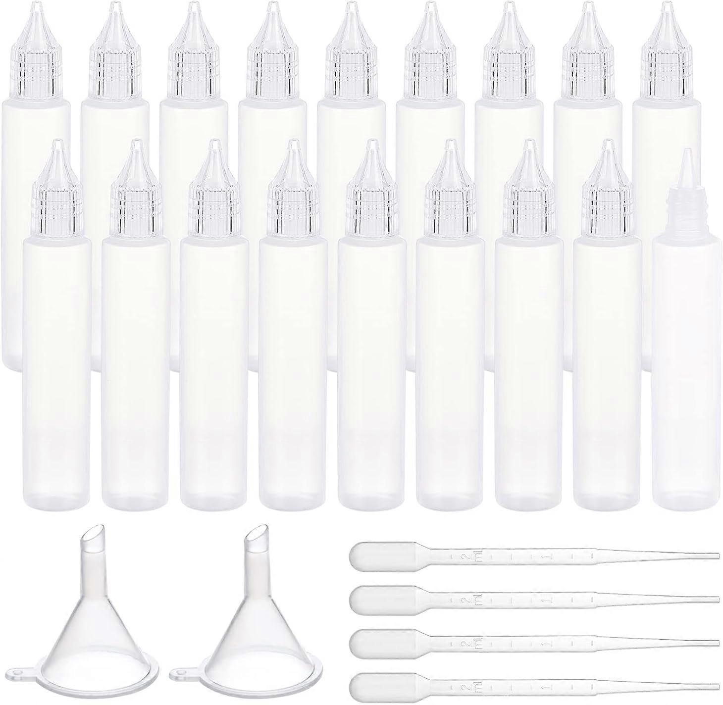 18 Pack 1oz Pen-Style Dropper Bottles PE Plastic Squeeze Dispensing Bottles with Clear Nozzle Applicator 2PCS Funnels and 4PCS Pipettes for DIY Crafts