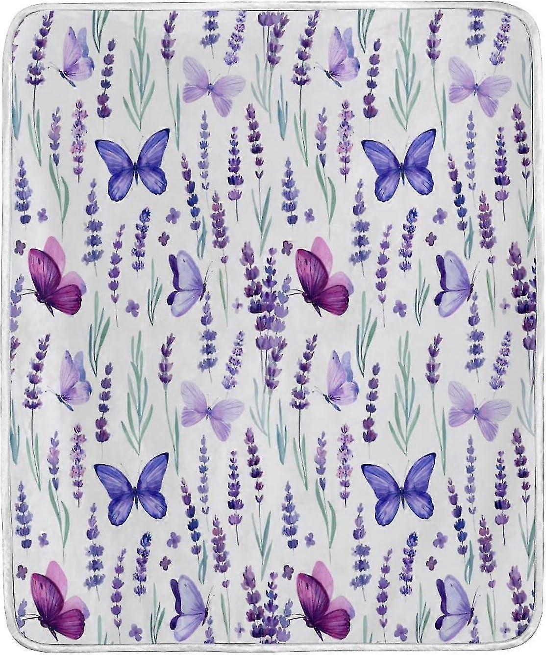 Lavender Flowers and Butterflies Fuzzy Throw Blanket, Lightweight Microfiber Bed Blanket, Warm Soft Blankets and Throws ids10619