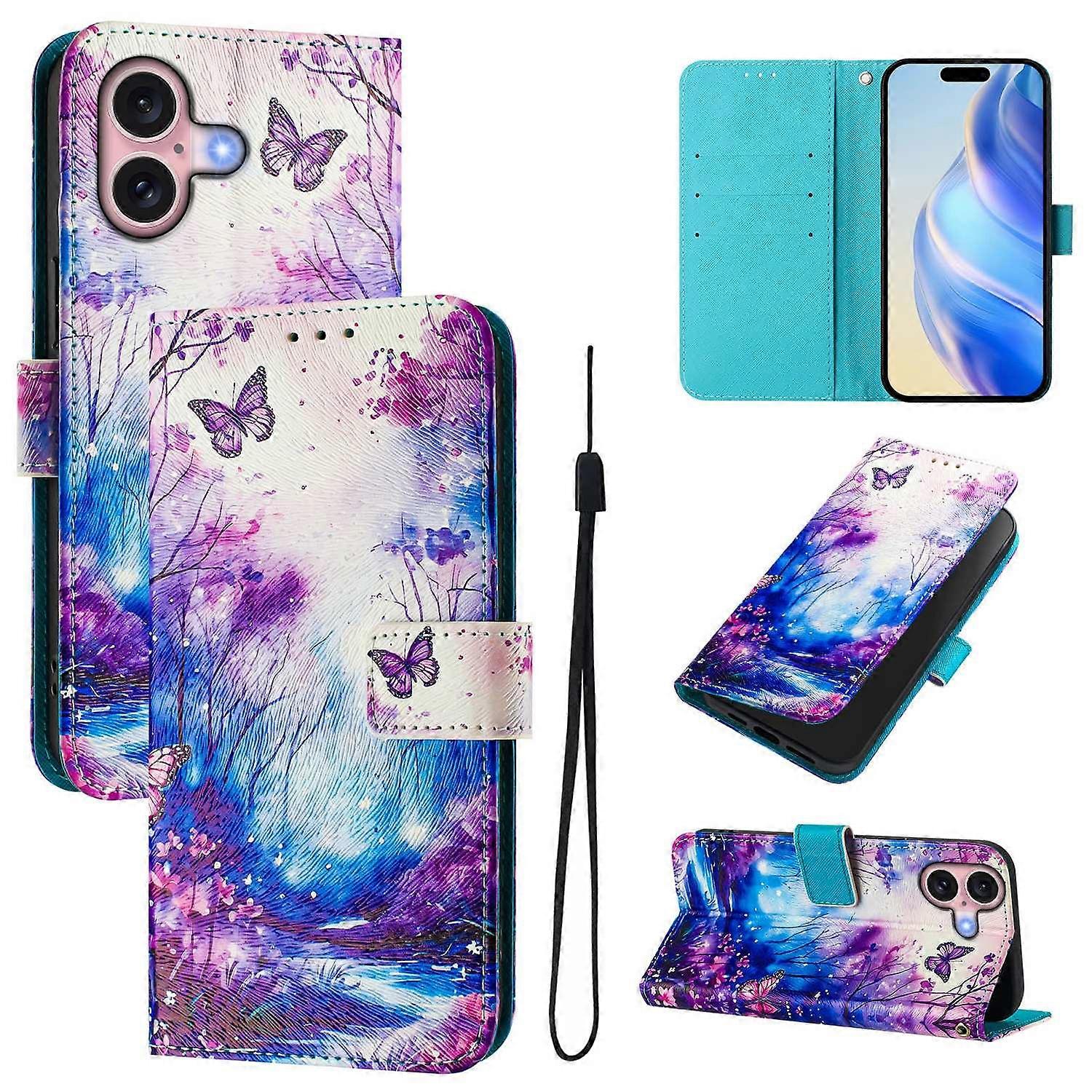 For iPhone 16 Case Pattern Printing Wallet Phone Cover with Strap - Dream Valley