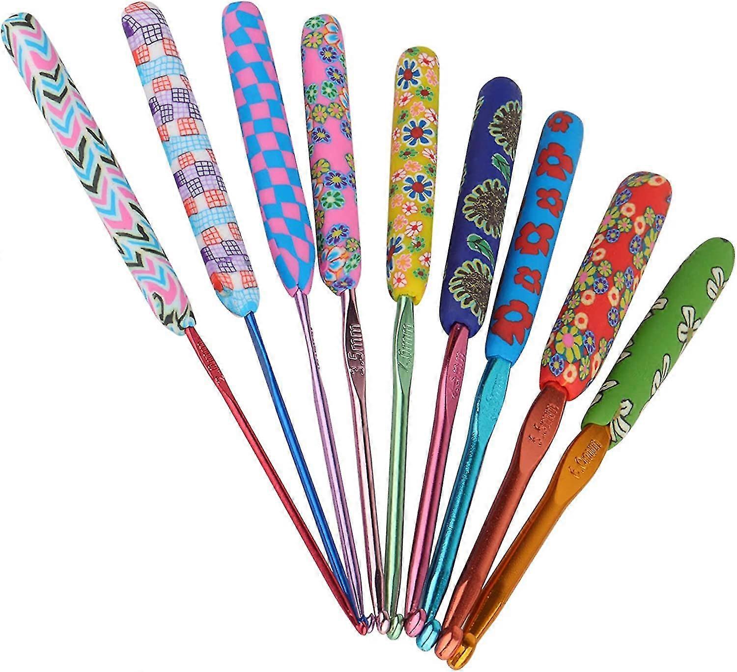 Set Of 9 Multicolored Metal Hooks, Soft Handles, With Floral Grips For Arthritic Hands, For Beginners, Adults, Experts And Children, 2.0-6.0mm