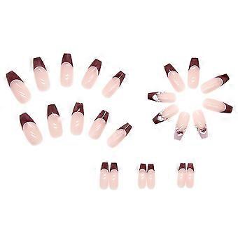 Ballerina Fake Nail Med Röd Kant Imitation Crystal Full Cover Glansig Fake Nail Jelly Lim Modell