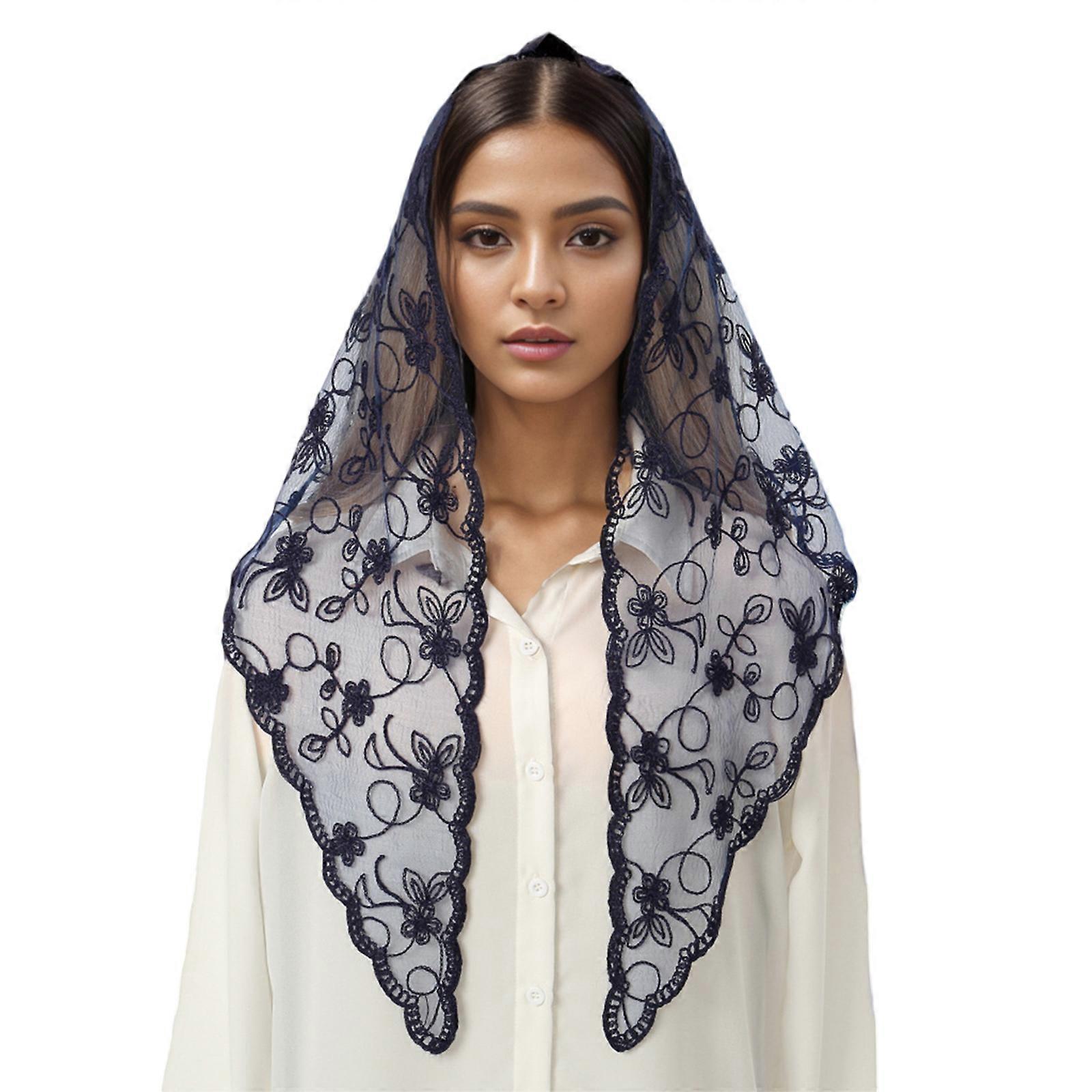 Κομψή δαντέλα Mantilla Veil Church Veil Κασκόλ για καθολική νύφη Πέπλο Καθολικό κασκόλ παρεκκλησίου Έθνικ καπέλα Κόμμα Προμήθεια Navy Blue