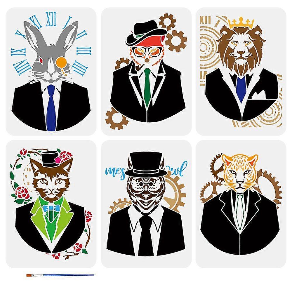 6 PCS Retro Mechanical Animals Painting Stencil with a Art Paint Brush 8.3x11.7inch Reusable Rabbit Cat Owl Leopard Fox Lion Pattern Animals Theme Ste