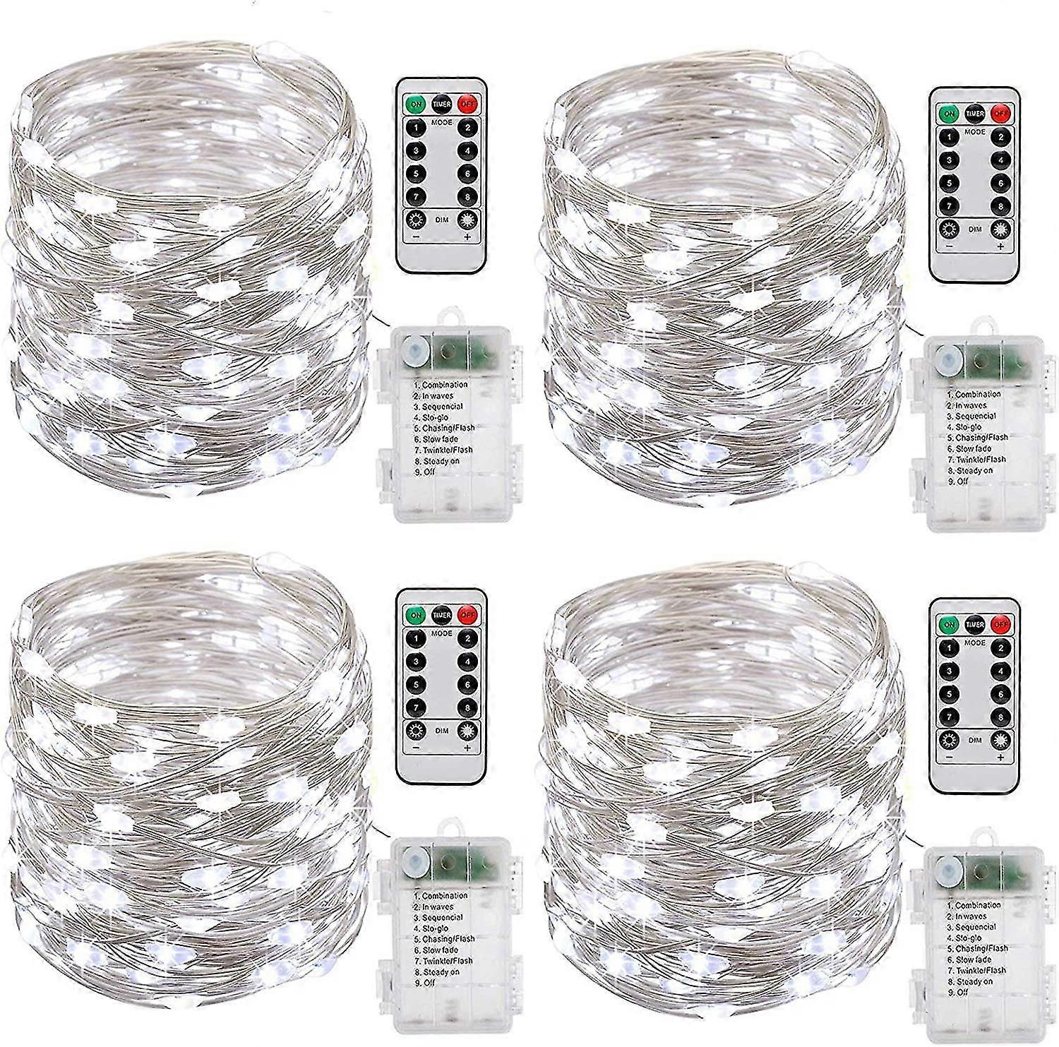 Guirlande Lumineuse Pile,[lot De 4] 10m 100 Leds Fonction Minuterie Avec Tlcommande Ip65 Etanche,fil De Cuivre Avec 8 Modes De Lumire Pour Dcoration,6