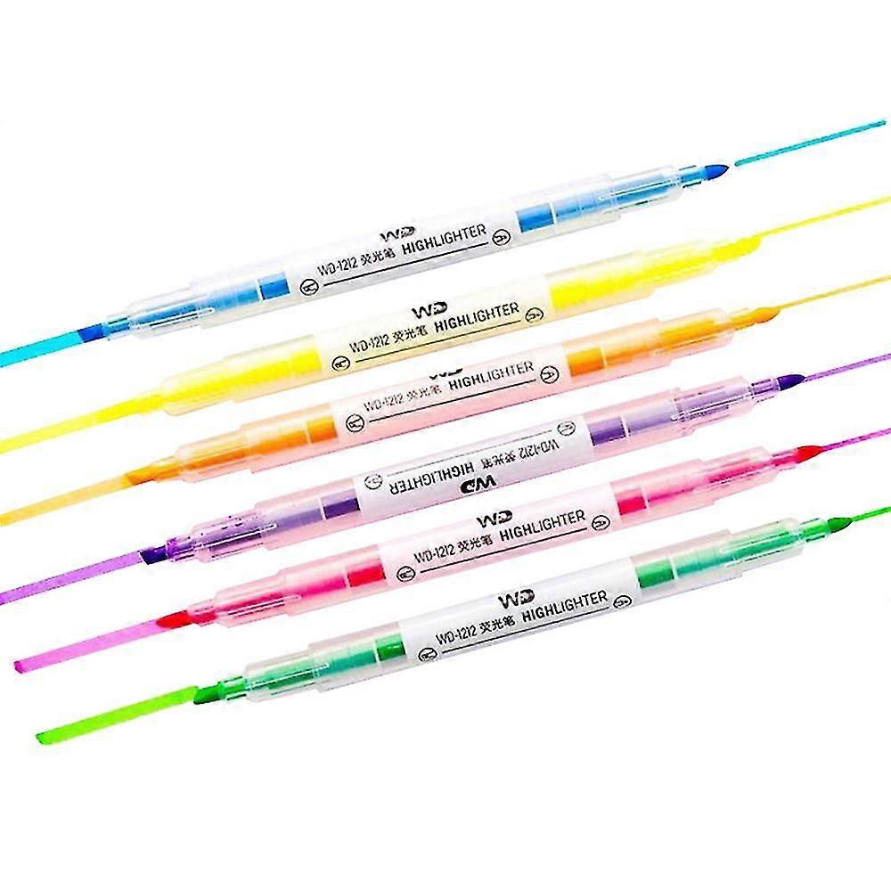 Highlighter Pens Set - Dual Tips, Broad Chisel, Fine Tip, 6 Colors