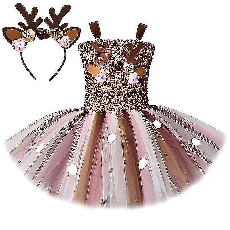 Weihnachten Elch Tutu Kleid Bambi Netzkleid Kinder Prinzessin Kleid mit Rehkitz Blume Kopfschmuck Set