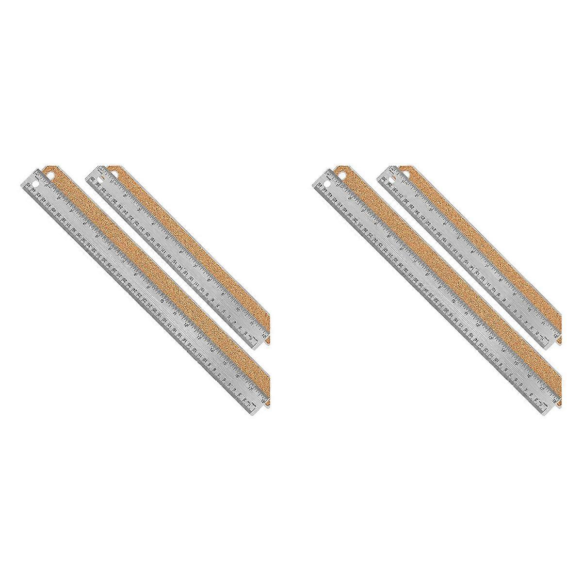 4x Metal Ruler with Cork Backing:(12+18 Inch) Stainless Steel Ruler Non-Slip Rulers with Inch and C
