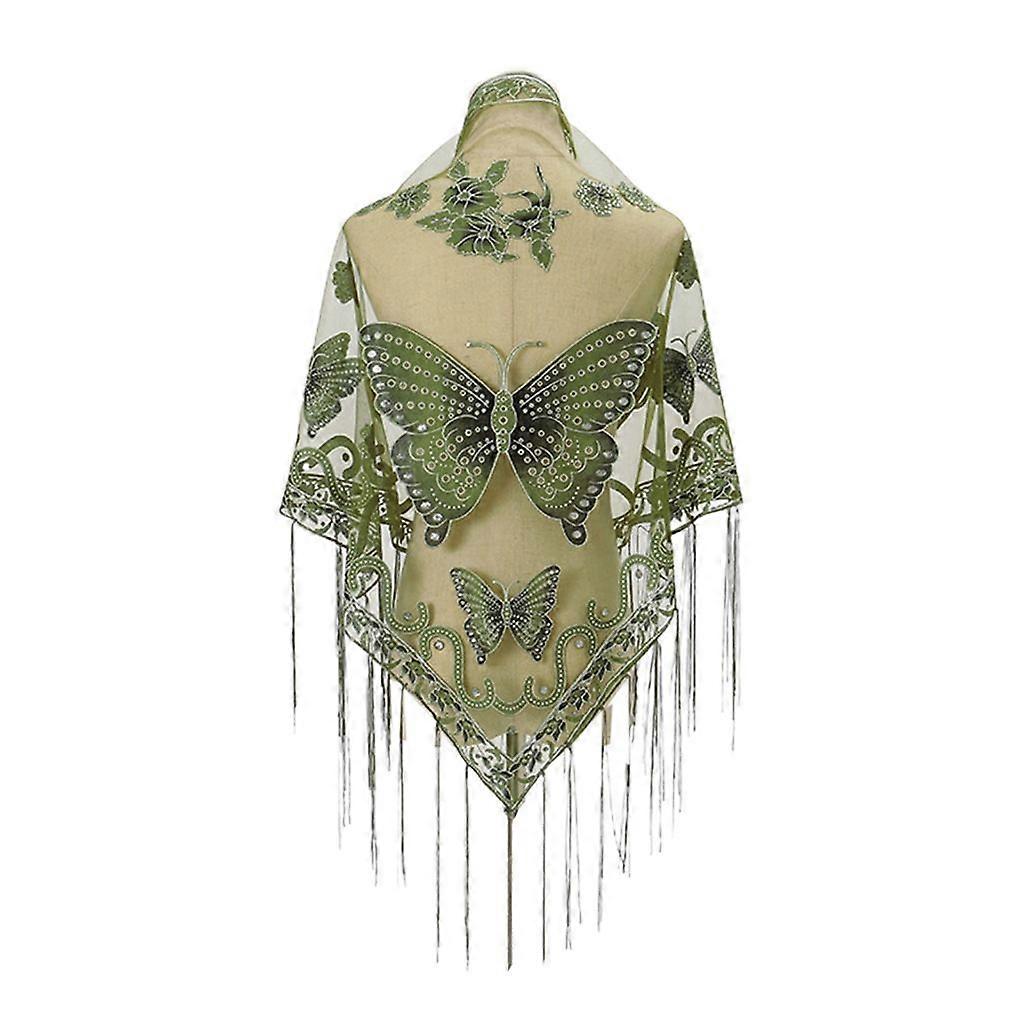 Sheer Shawl With Fringe Butterfly Embroidered Shawl and Wrap Triangle Scarf