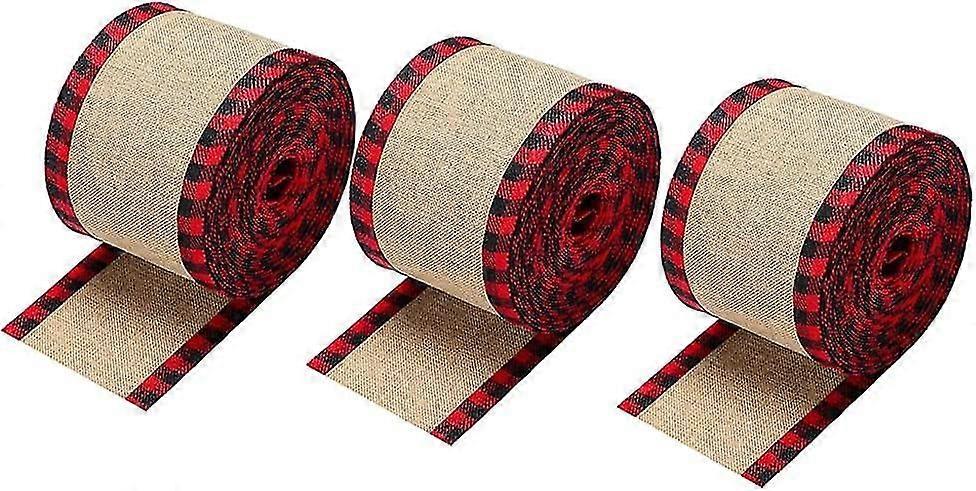 3 Rolls of Plaid Wired Edge Ribbons Christmas Burlap Fabric Craft Ribbon Natural Wrapping Ribbon Rolls (Red Plaid)
