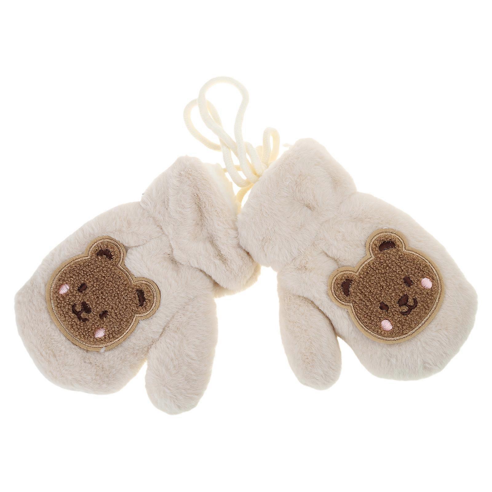 Kids Cartoon Winter Mittens with String Thicken Plush Warm Full Finger Gloves Beige