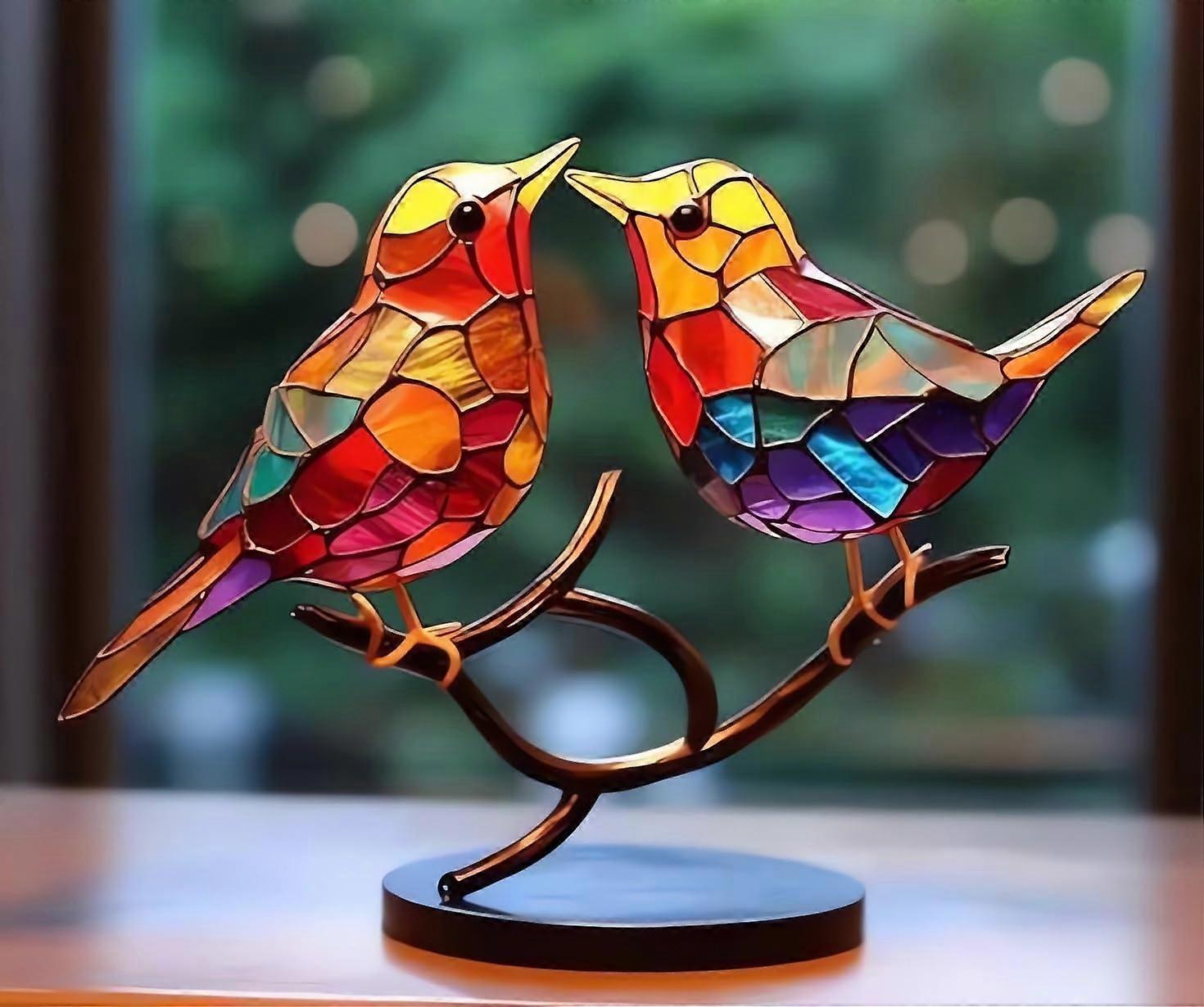 Vitray Birds In Branch Desktop Decorations, Stained Acrylic Double-Sided Colorful Bird Sculpture for Home Decor