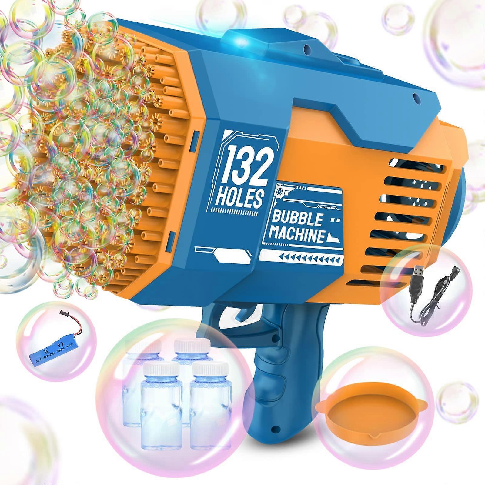 132 Hole Bubble Pistol Toy, Blue Colorful LED Light Bubble Machine, Rocket Landing Bubble Toy