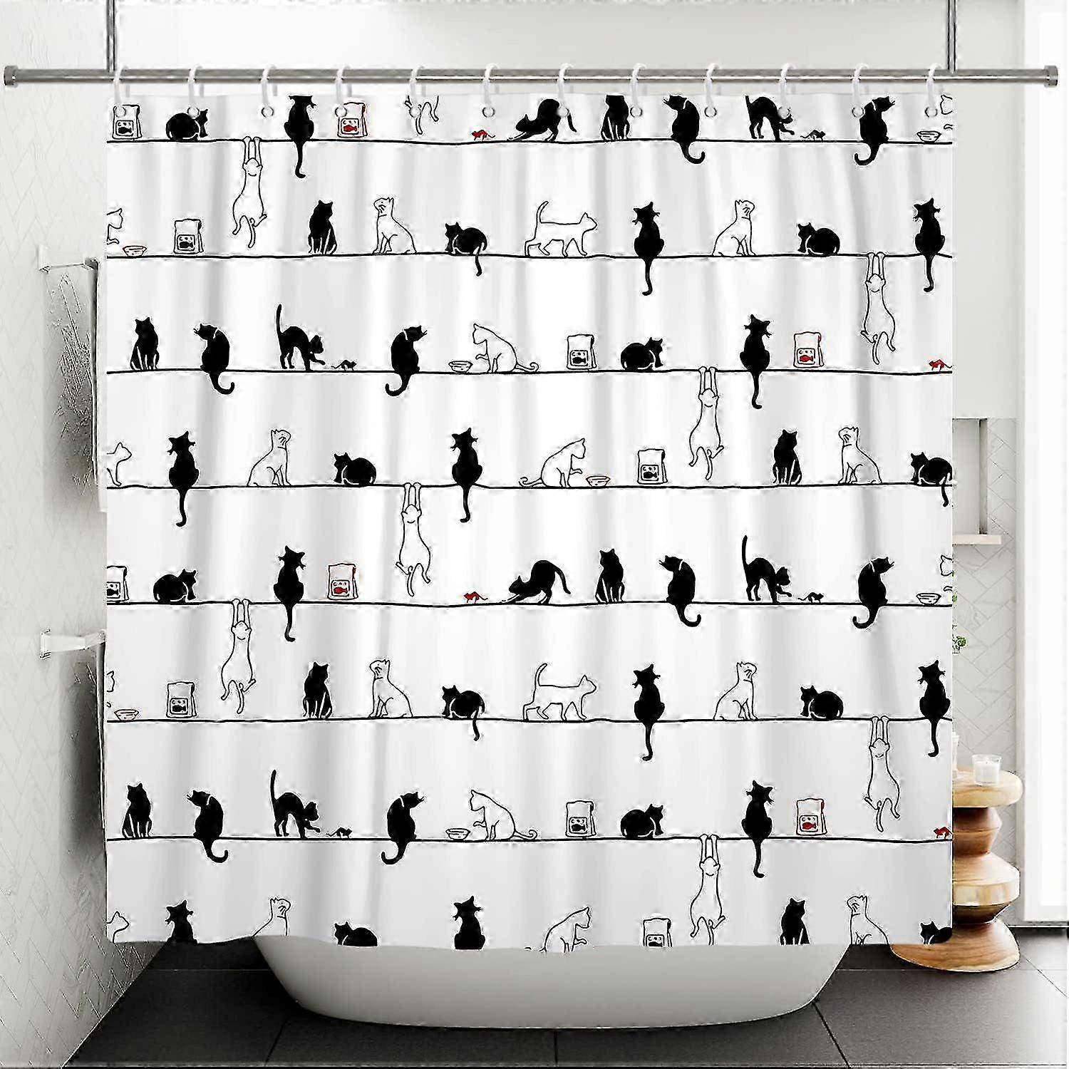 150x180cm漫画猫シャワーカーテンロープ上の面白黒猫防水シャワーカーテンバスタブアートカーテンフー付きのシンプルなバスルームカーテン