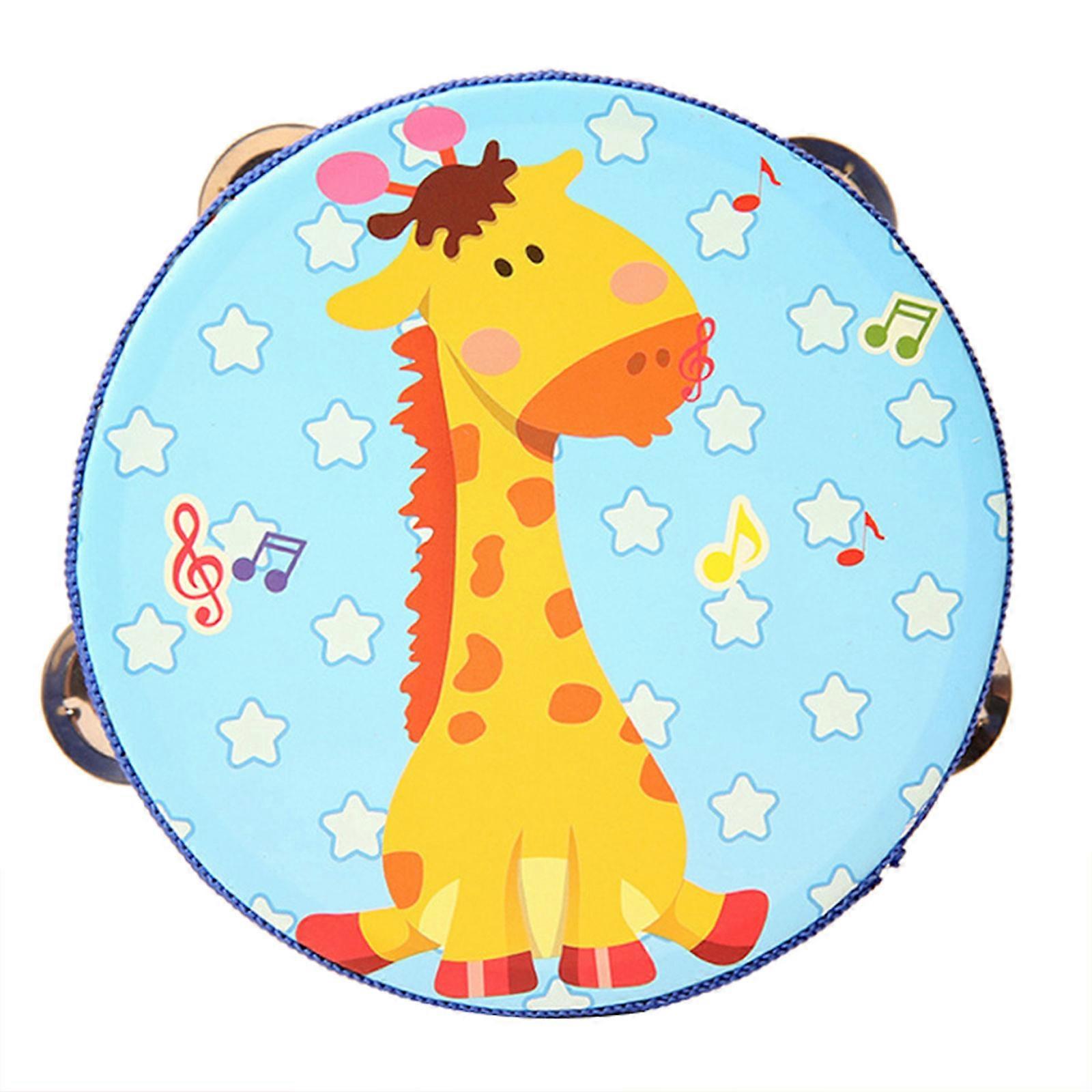 Tambourin miniature de 15 cm en forme de girafe bleue, idéal comme cadeau pour les enfants.