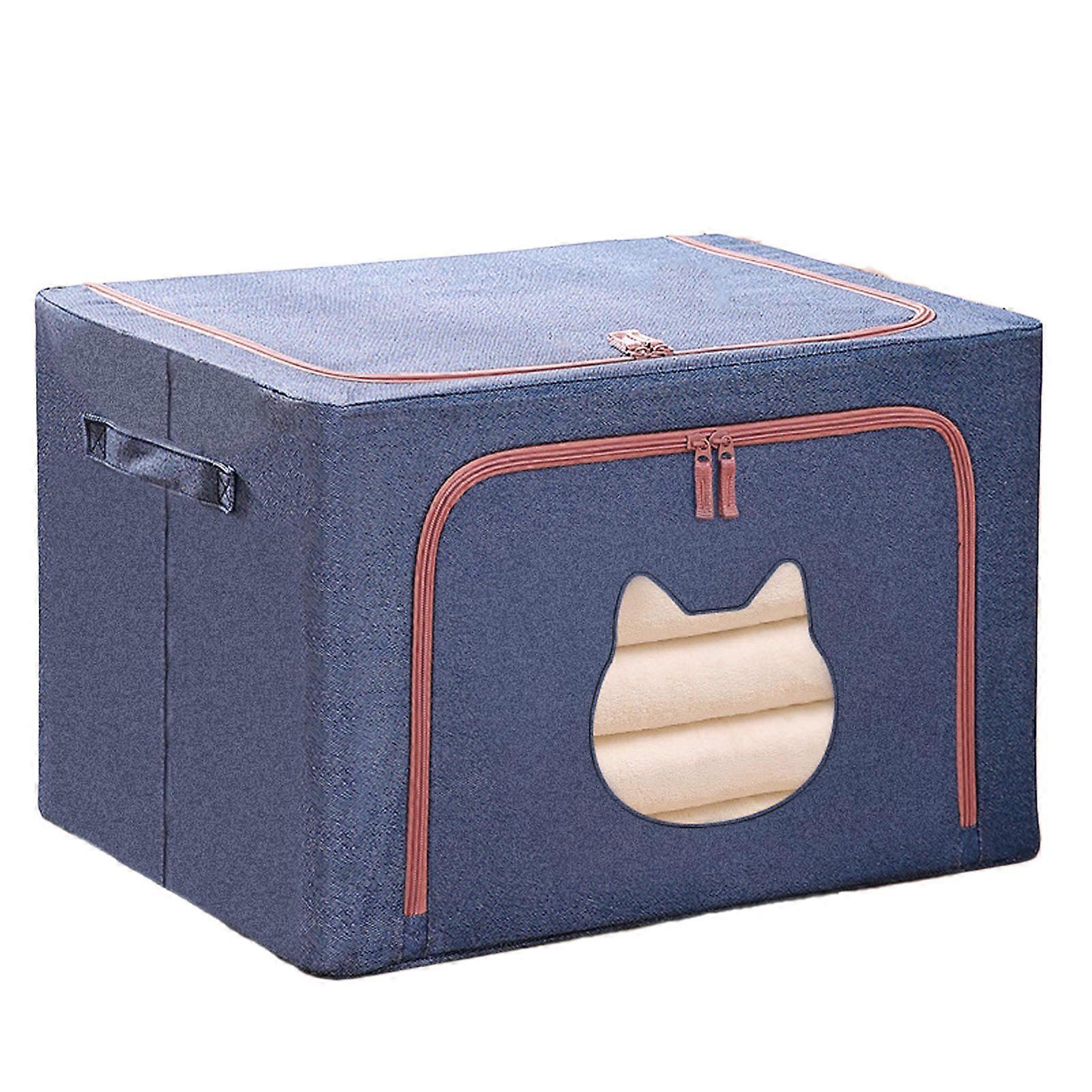 100L Cationic Fabric Foldable Storage Box Cat Design Transparent Window Solid Steel Frame Multi-Functional Dormitory Organiser Blu