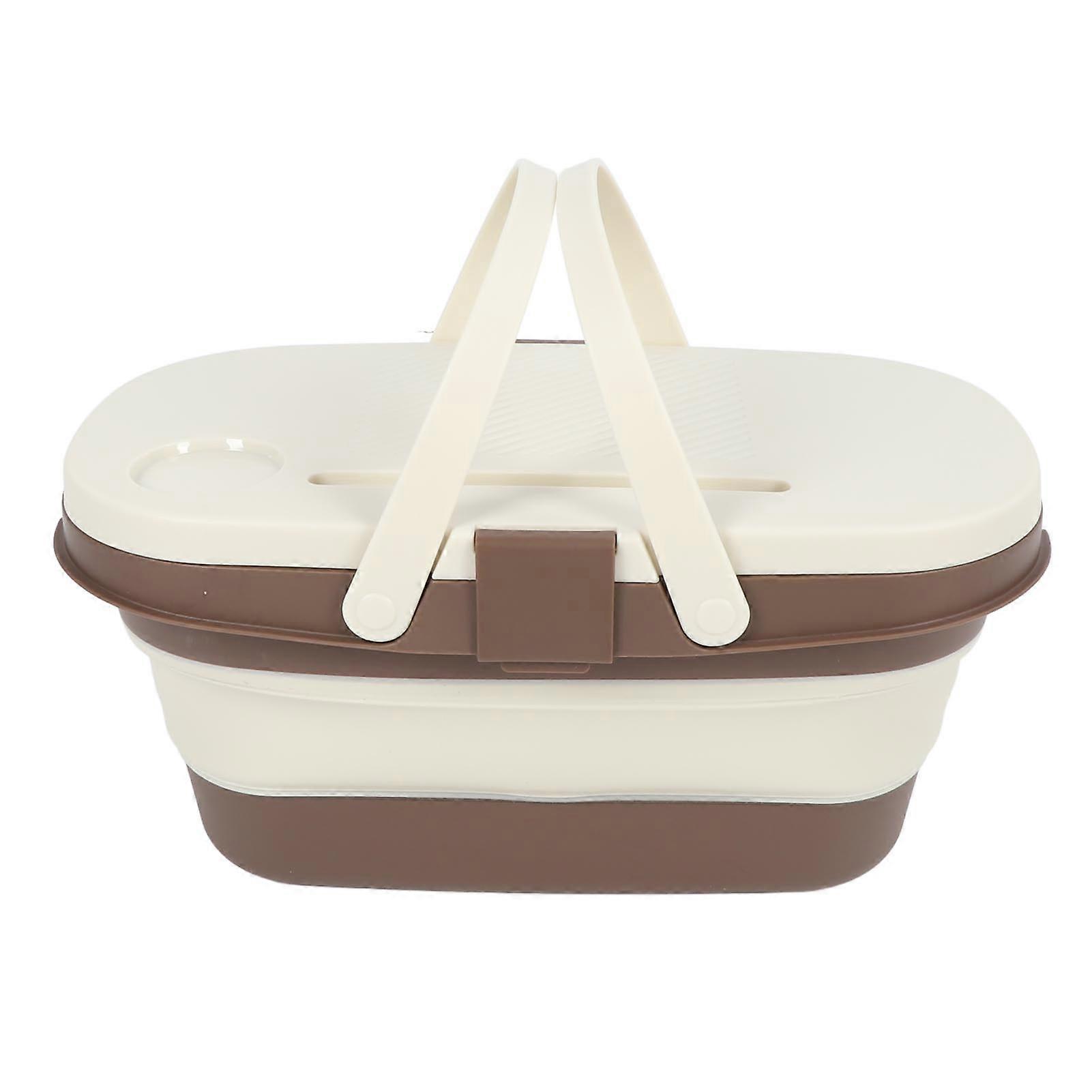 16.5L Foldable Camping Basket with Table Storage Organizer Box Multifunctional Outdoor Picnic Basket with Handle for Home Sorting Dark Coffee + Light
