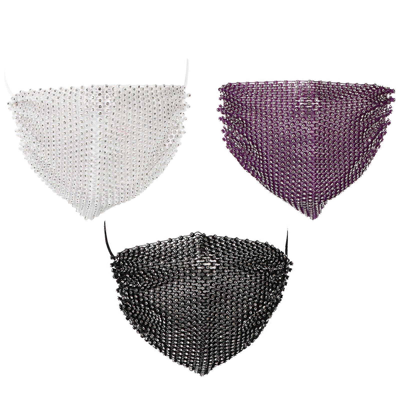 Masquerade Decorate Mask Rhinestone Inlaid Mask Halloween Single Layer Weaving Black 18x11x0.1cm 3Pcs