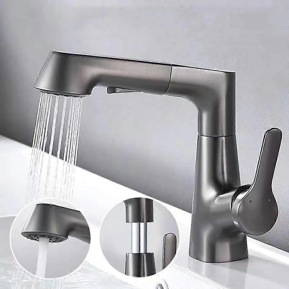 Extendable washbasin faucet, liftable bathroom sink faucet with lever, 2 modes, splashproof, pulldown faucet, Gray