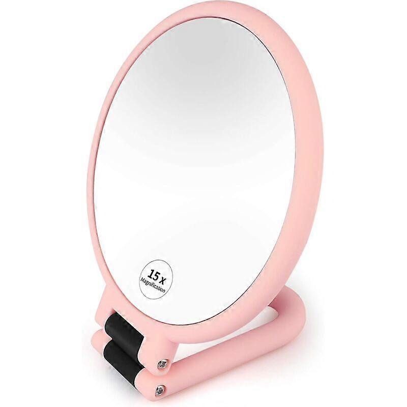 Hand Mirror, Double-Sided Makeup Mirror with 1X 15X Magnification, Professional Travel Mirror with Adjustable Handle (Pink)
