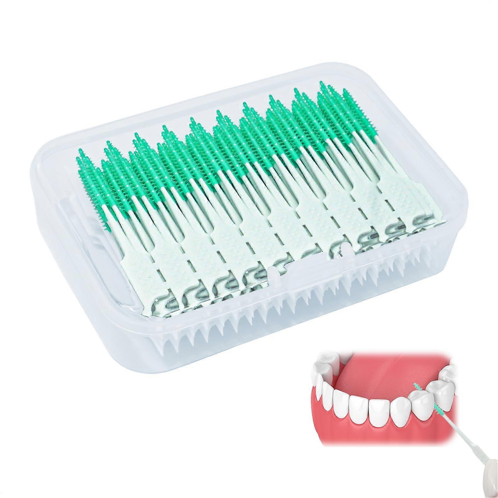 Pack of 200 Interdental Brushes Green Floss Picks for Braces, Orthodontic Care and Oral Hygiene, Includes Storage Case for Teeth Cleaning on the Go