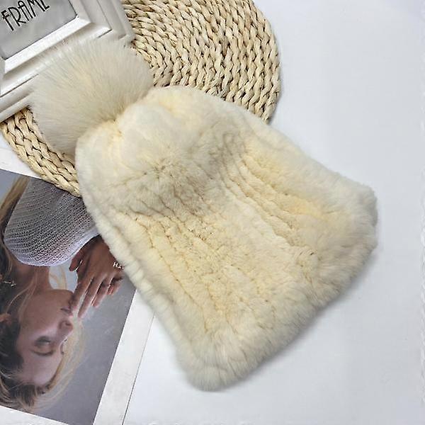 Women Elastick Pompom Real Fur Hat Natural Rex Rabbit Fur Warm Fashion Beanies Striped New Stylish Female Winter Hats