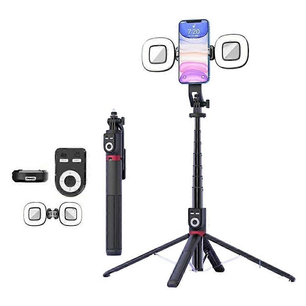 P225TK Portable Phone Selfie Stick Extended Aluminum Alloy Stand with TikTok Remote Control + 2 Square Fill Lights