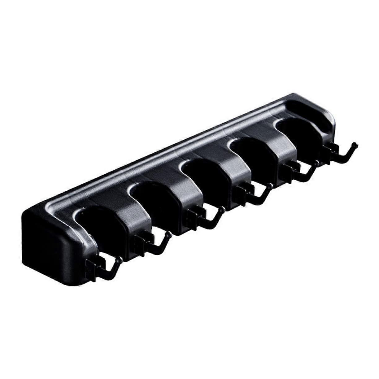 Multifunctional wallmounted holder for brooms with slots and hooks, storage shelf for kitchen, garden, garage, and office, sturdy and nonslip.