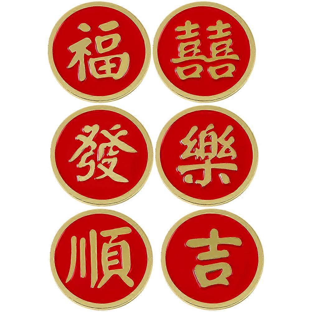 Chinese Style 6Pcs Lapel Pin Round Pin Accessories Red Alloy for Daily Use