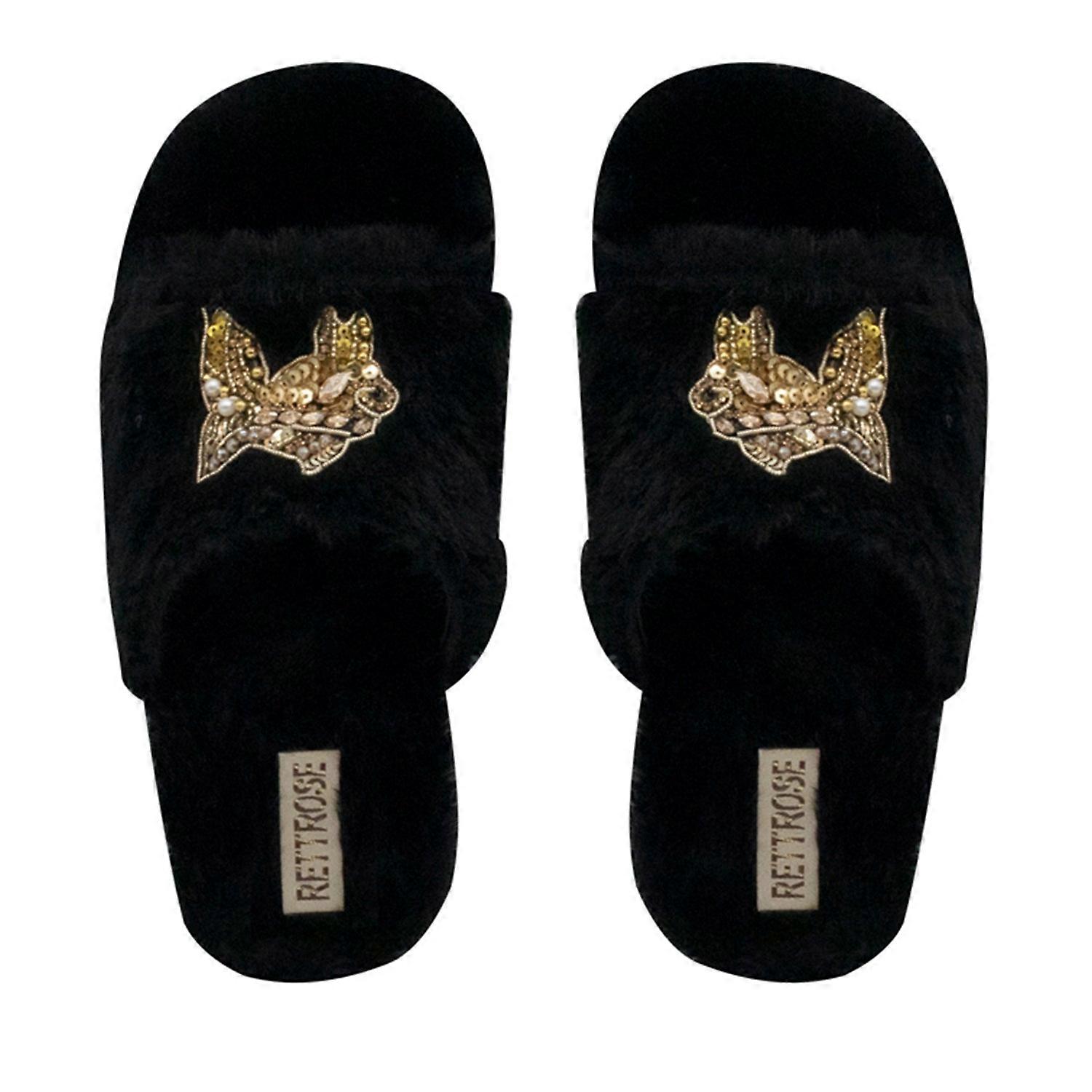 Mae black luxury plush diamanté embellished handmade slipper
