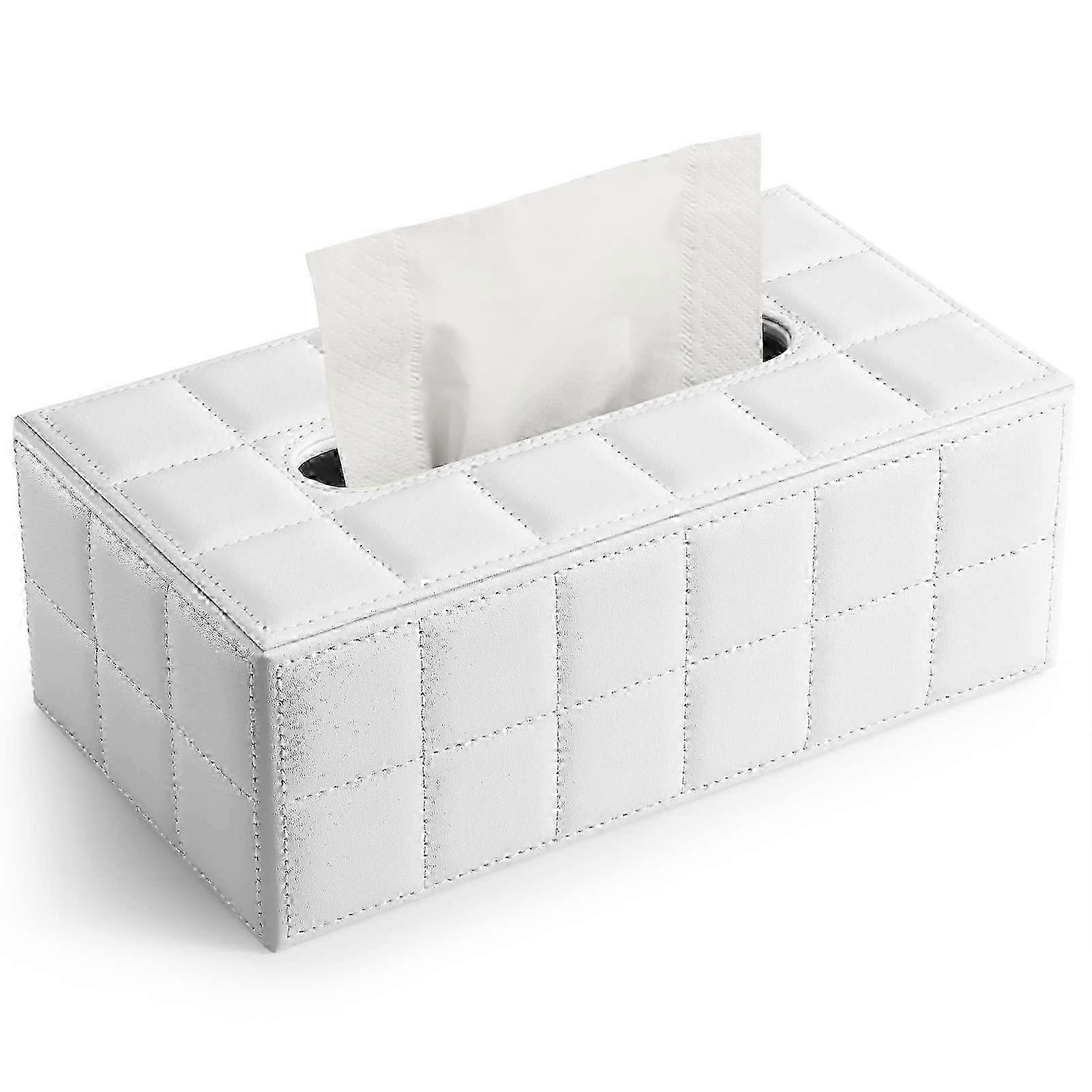 White Rectangular Leather Tissue Box Holder for Home, Office & Car Use