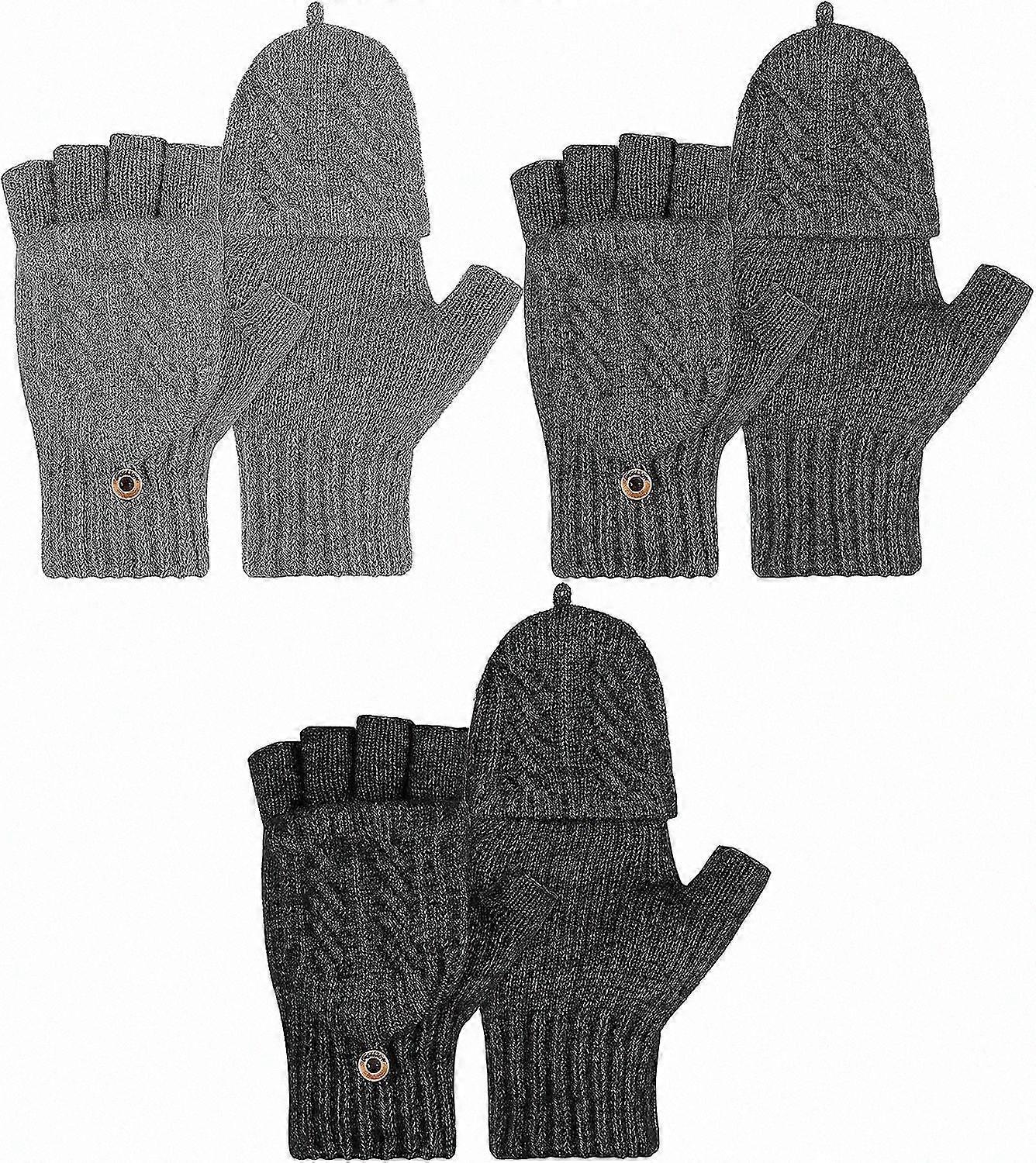 3 Pairs of Cozy Winter Knit Convertible Mittens with Fingerless Option for Warmth