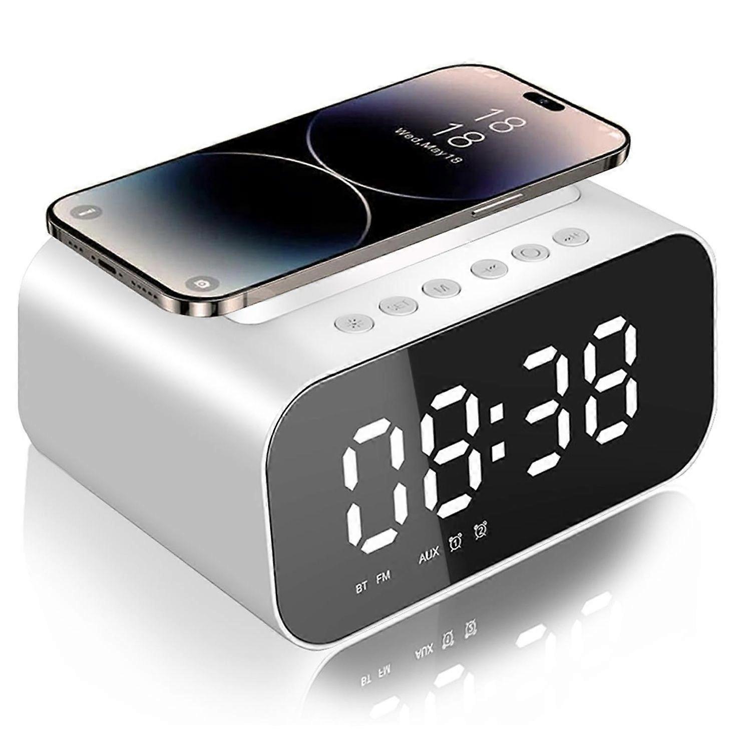 Alarm clock radio with wireless charging station, with mirror, Bluetooth, dual alarm, temperature, 3 brightness levels, 16 volume levels(White)