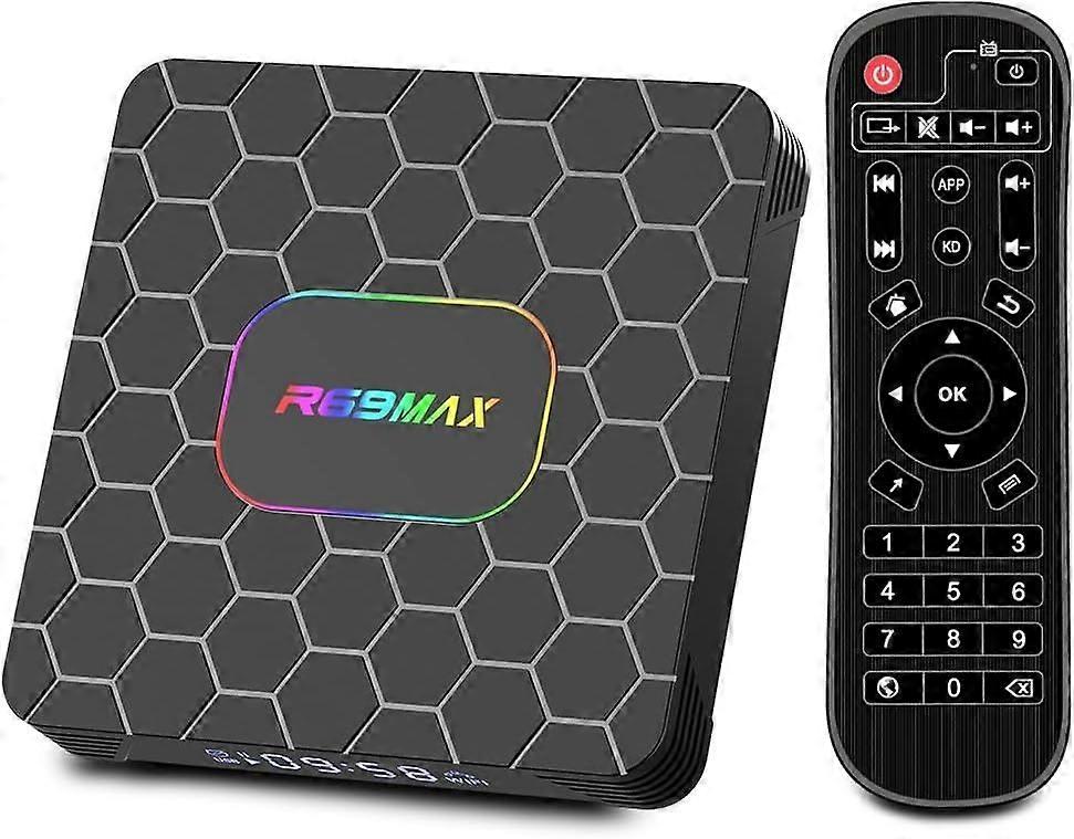 Android 14.0 tv box,R69MAX Smart tv box with 4GB RAM 32GB ROM RK3528 Quad Core ARM Cortex A53 Mali-450 GPU Support 8K(Black)