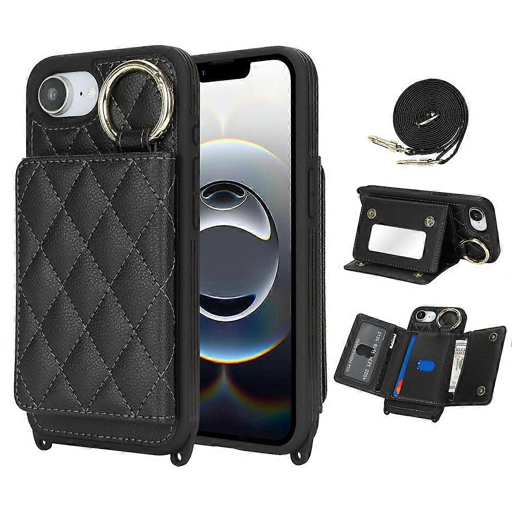 Compatible For iPhone 16e Case with Lanyard / Mirror / Card Holder Grids Pattern RFID Phone Cover