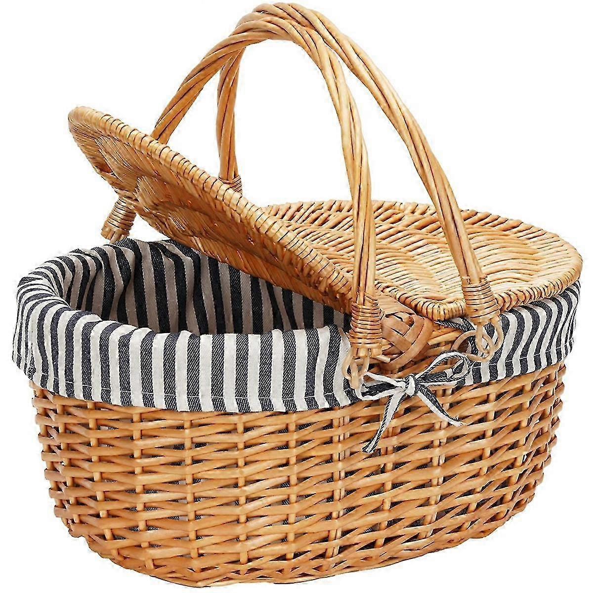 Wicker Picnic Basket with Lid,Wicker Basket with Handle and Liner, Handmade Shopping Basket,Braided Wicker Picnic Basket