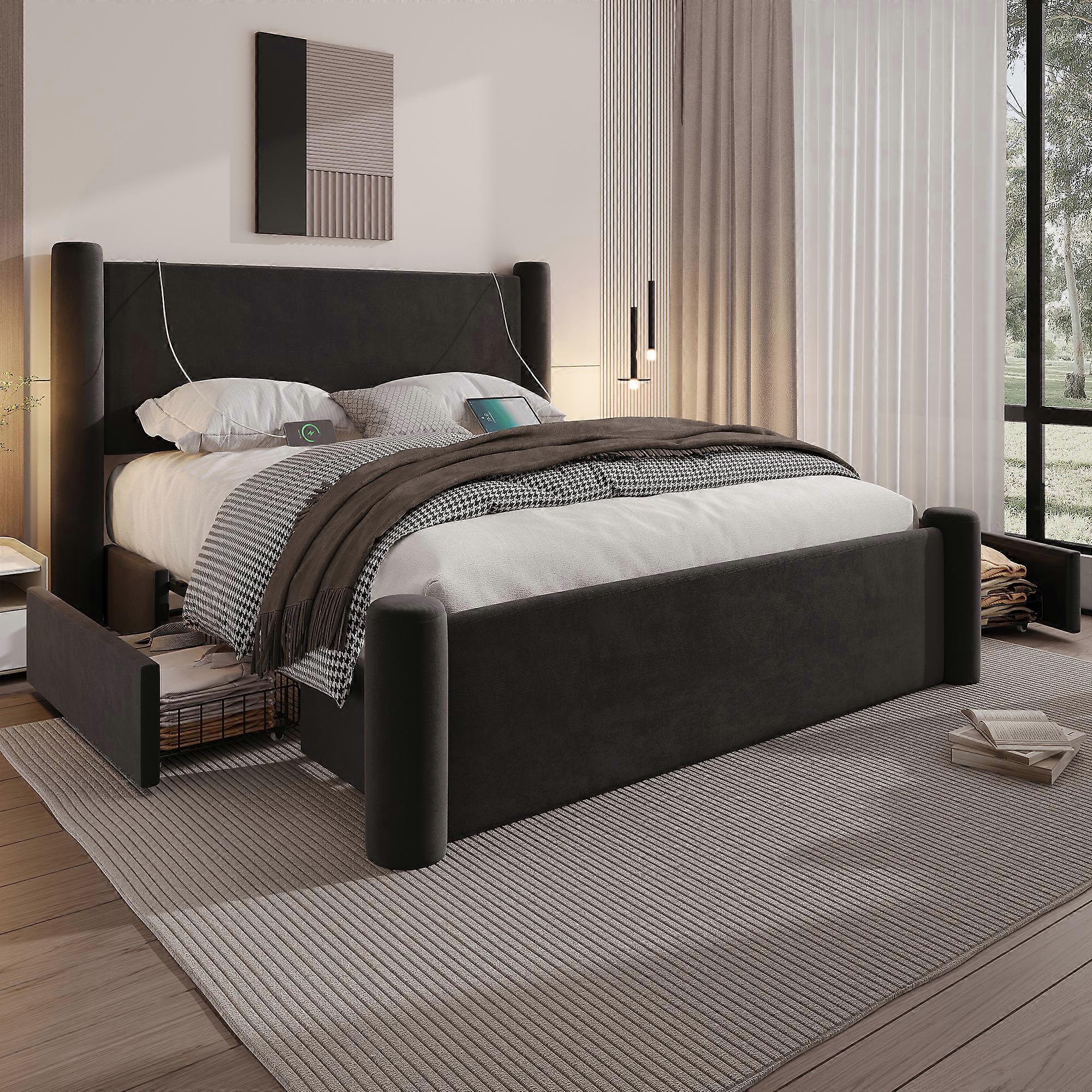 Black 3D Column Bed Frame 140x200cm Padded Headboard USB Storage Drawers