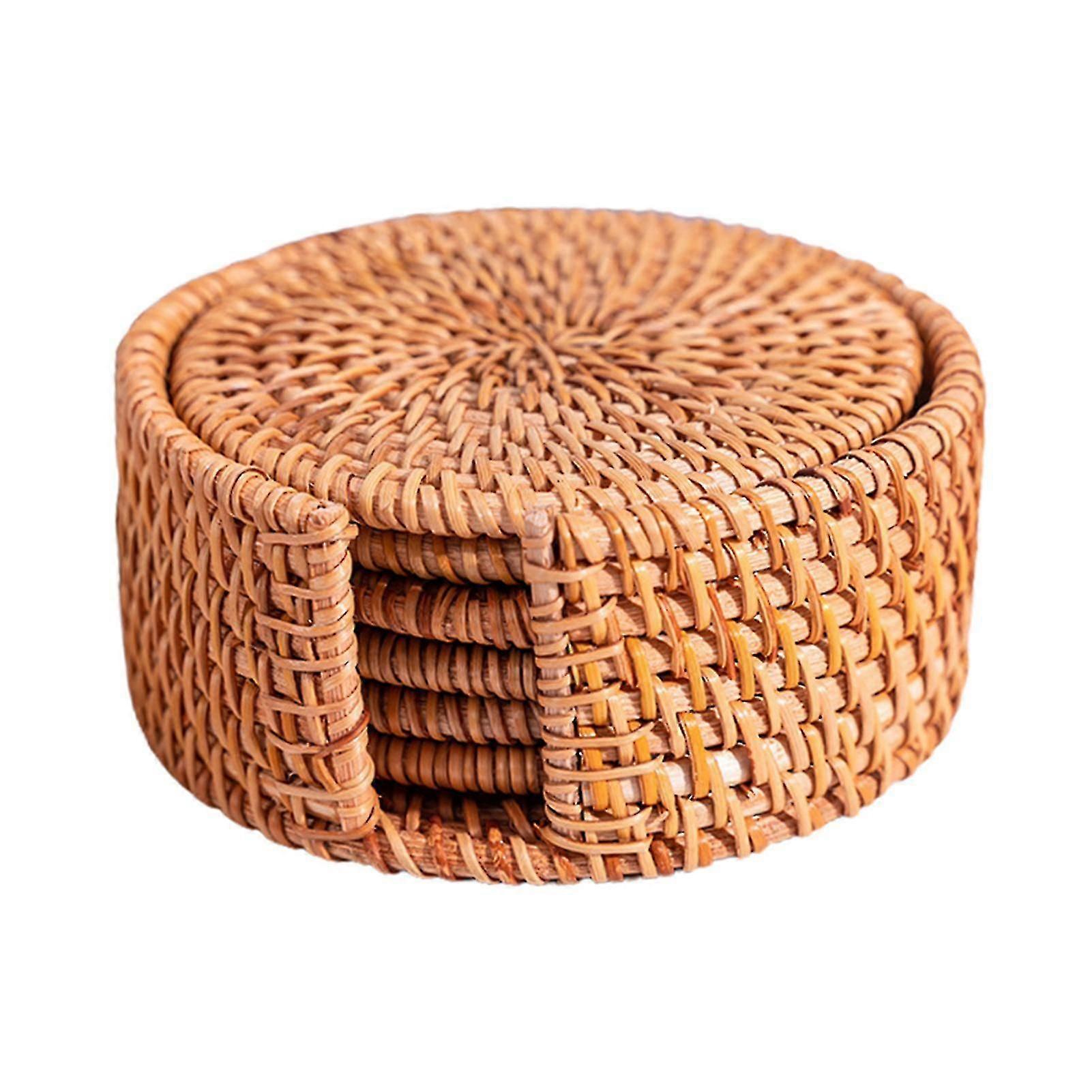 Rattan Coasters With Holder Storage Box Handmade Tea Cup Round Edge Coasters For Kitchen Table @BUGU