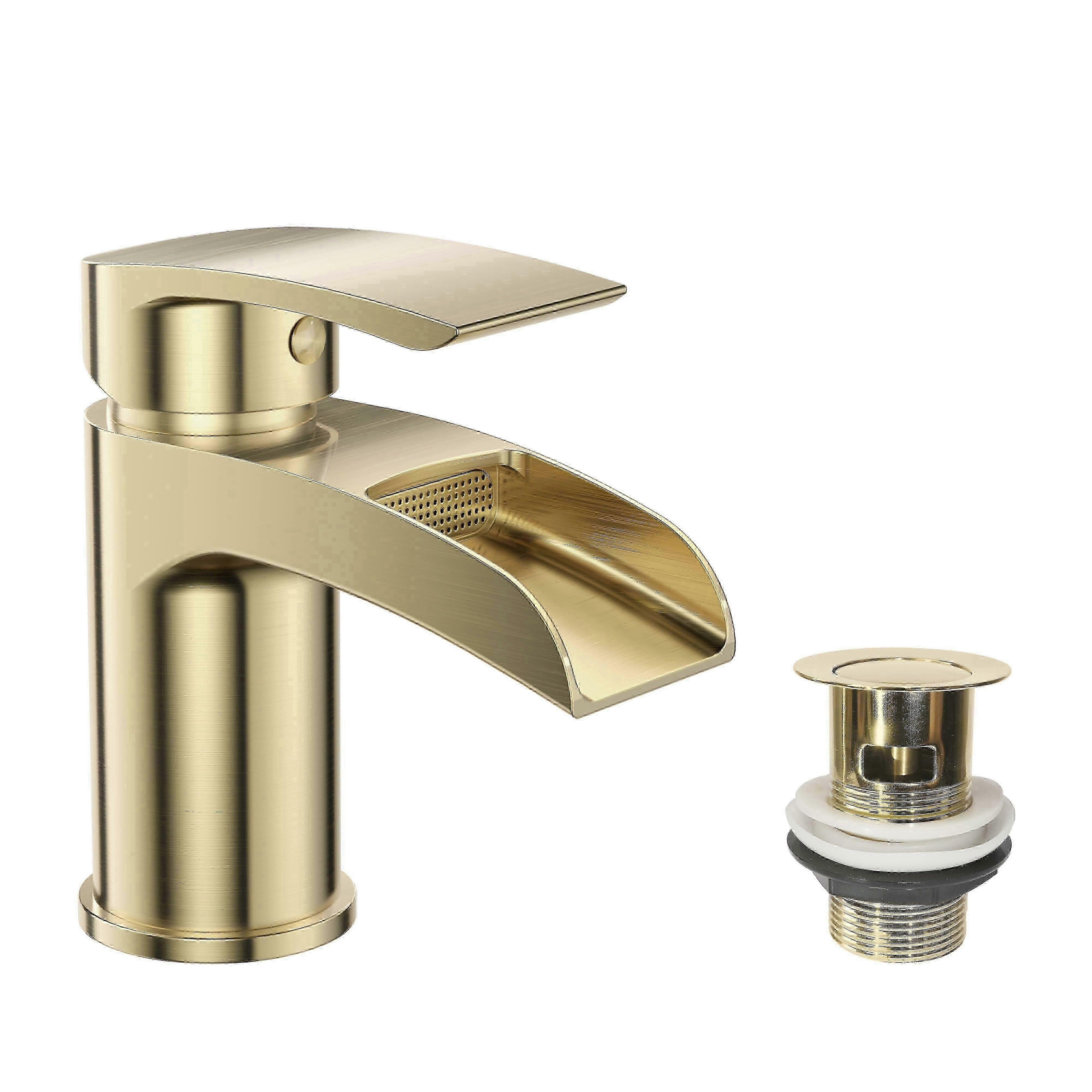 Symphony Round Waterfall Mono Basin Mixer Tap With Waste - Brushed Brass