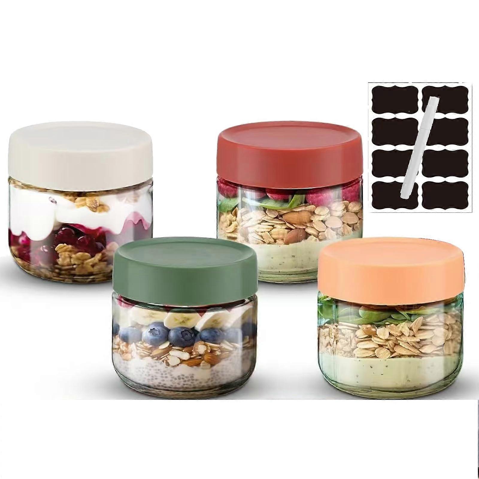 4 Pack Glass Overnight Oats Jars with Lids, 300ml Reusable Containers with Measurement Marks, Colorful Breakfast Pots